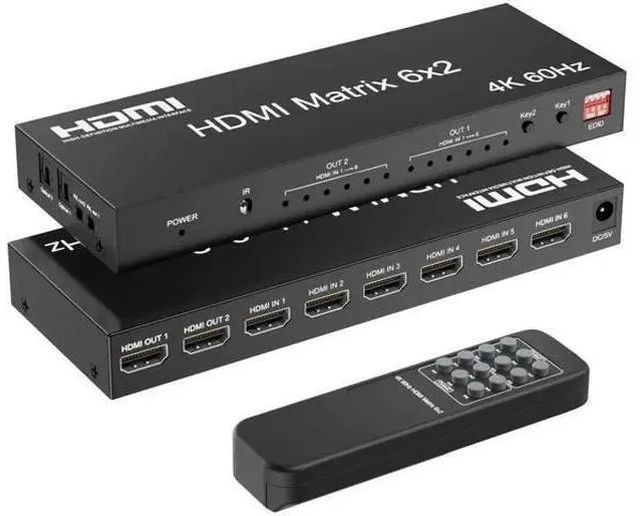 Main image of 6x2 HDMI 2.0 Matrix Switch Splitter, 6 in 2 Out HDMI Switcher Selector with IR Remote, Optical SPDIF + 3.5mm AUX Audio Extractor, Supports 4K@60Hz 18Gbps UHD HDR HDCP 2.3, Adjustable EDID Management,