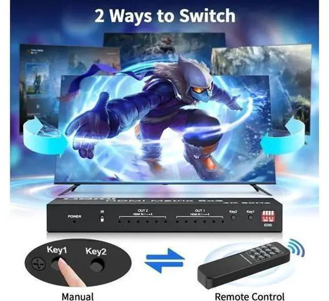 Alt view image 3 of 7 - 6x2 HDMI 2.0 Matrix Switch Splitter, 6 in 2 Out HDMI Switcher Selector with IR Remote, Optical SPDIF + 3.5mm AUX Audio Extractor, Supports 4K@60Hz 18Gbps UHD HDR HDCP 2.3, Adjustable EDID Management,