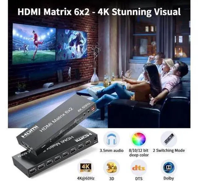 Alt view image 5 of 7 - 6x2 HDMI 2.0 Matrix Switch Splitter, 6 in 2 Out HDMI Switcher Selector with IR Remote, Optical SPDIF + 3.5mm AUX Audio Extractor, Supports 4K@60Hz 18Gbps UHD HDR HDCP 2.3, Adjustable EDID Management,