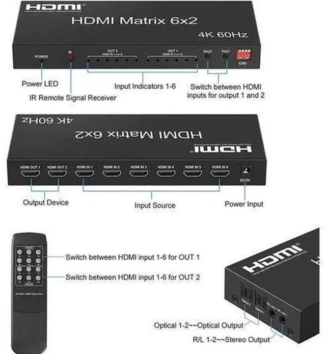 Alt view image 2 of 7 - HDMI 2.0 6x2 Matrix Switch Splitter, 6 in 2 Out HDMI Video Switcher with Optical SPDIF + 3.5mm Audio Extractor & IR Remote, Supports 4K@60Hz 18Gbps HDR RGB/YUV 4:4:4, Independent Dual Display Output