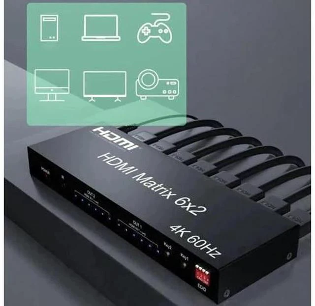 Alt view image 3 of 7 - HDMI 2.0 6x2 Matrix Switch Splitter, 6 in 2 Out HDMI Video Switcher with Optical SPDIF + 3.5mm Audio Extractor & IR Remote, Supports 4K@60Hz 18Gbps HDR RGB/YUV 4:4:4, Independent Dual Display Output