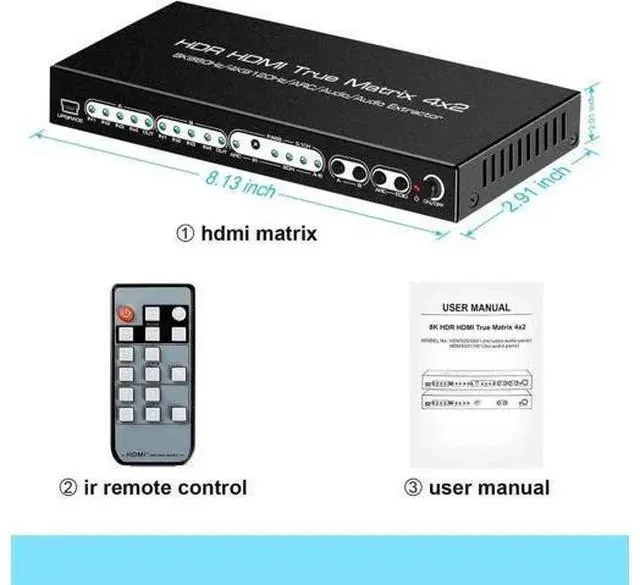 Alt view image 3 of 7 - 4x2 HDMI 2.1 Matrix Switch 4 in 2 Out 8K@60Hz with IR Remote, 48Gbps 8K HDMI Matrix Splitter, Support 4K@120Hz, HDR10, Dolby Vision, Dolby Atmos, HDCP2.3, ARC, SPDIF 5.1CH Audio Extractor for PS5, Xbo