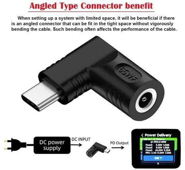 Alt view image 3 of 7 - 90 Degree Right Angled DC 5.5x2.5mm to USB-C Charging Adapter, 20V Input Max 65W PD Power Converter for Laptops Mini PC