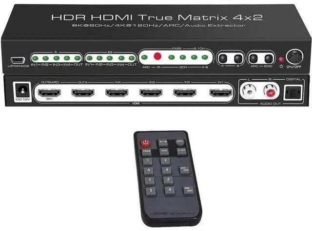Main image of 4 In 2 Out HDMI 2.1 8K Matrix Switch Splitter, 4×2 HDR Video Matrix with IR Remote, 8K@60Hz 4K@120Hz CEC ARC Audio Extractor, SPDIF 5.1CH + RCA Stereo L/R Output HDCP2.3