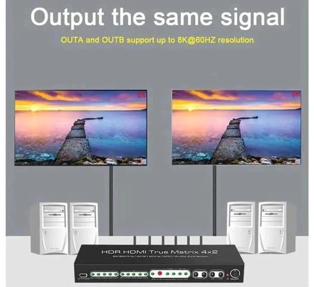Alt view image 6 of 7 - 4 In 2 Out HDMI 2.1 8K Matrix Switch Splitter, 4×2 HDR Video Matrix with IR Remote, 8K@60Hz 4K@120Hz CEC ARC Audio Extractor, SPDIF 5.1CH + RCA Stereo L/R Output HDCP2.3