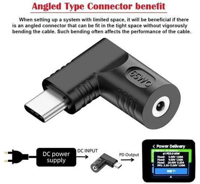 Alt view image 5 of 7 - 90 Degree Right Angled DC 2.5x0.7mm to USB-C Charging Adapter, 20V Input Max 65W PD Power Converter for Laptops Mini Notebook