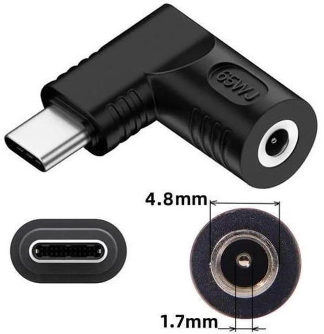 Alt view image 7 of 7 - 90 Degree Right Angled DC 4.8x1.7mm Jack to USB-C Power Charging Adapter, 20V Input Max 65W PD Charger Converter for Laptops Notebooks