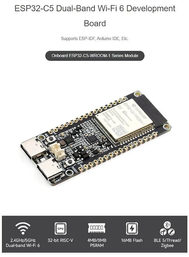 Alt view image 2 of 7 - ESP32-C5 Development Board 240MHz/5GHz Dual-Band Wi-Fi 6 Devkit Based on ESP32-C5-WROOM-1 Series Module,Supports Dual-Band Wi-Fi 6 /BLE 5 / Thread/Zigbee