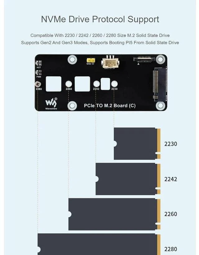 Alt view image 5 of 7 - PCIe to M.2 Adapter Board (C) for Raspberry Pi 5,Support M.2 NVMe SSD 2230 2242 2260 2280,Supports Gen2 and Gen3 Modes
