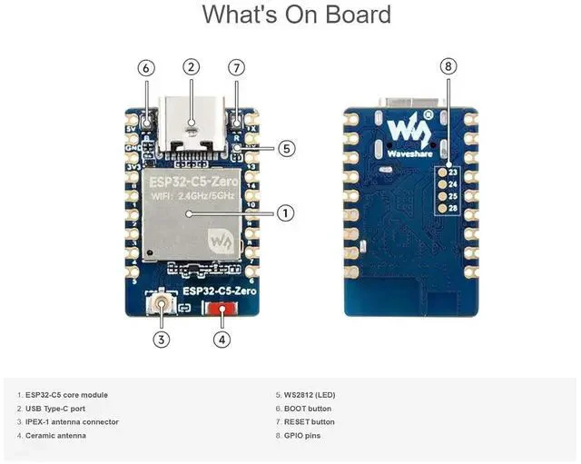 Alt view image 5 of 7 - ESP32-C5 Mini 2.4GHz/5GHz Dual-Band Wi-Fi Development Board with pre-soldered Header Based on ESP32-C5-HF4Integrated Bluetooth 5 (LE),IEEE 802.15.4 Wireless Communications
