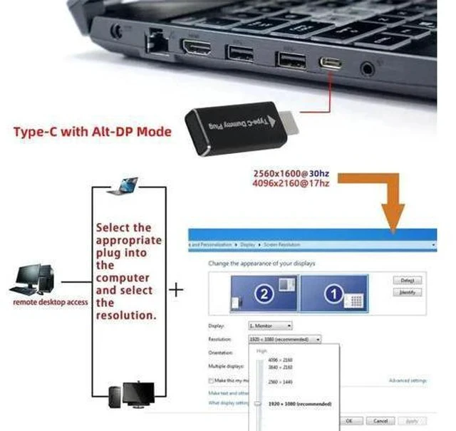 Alt view image 5 of 7 - USB-C Virtual Display Dummy Plug, DDC EDID Headless Ghost Display Emulator 1080P@60Hz Type-C Display Emulator