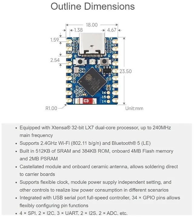 Alt view image 3 of 7 - 2 PCS ESP32-S3 Mini Development Board with 2.4GHz Wi-Fi,Bluetooth 5 Support,Based on ESP32-S3FH4R2 Dual-Core Processor,240MHz Running Frequency, USB Type-C Port