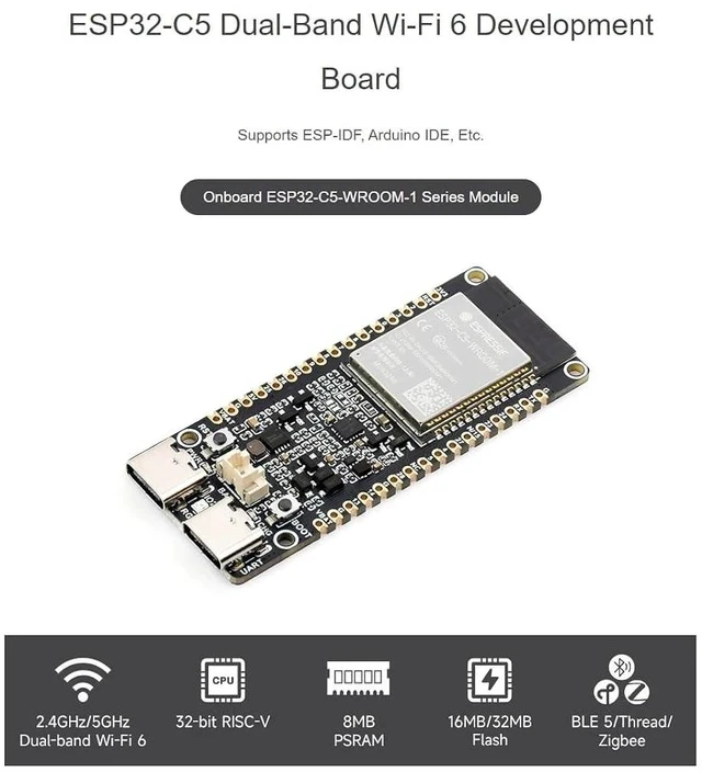 Alt view image 2 of 7 - ESP32-C5 Development Board Wi-Fi 6 Devkit Based on ESP32-C5-WROOM-1 Series Module,240MHz and 5GHz Dual-Band,Multi-Protocol RISC-V MCU32MB Flash and 8MB PSRAM,with Built-in Antenna