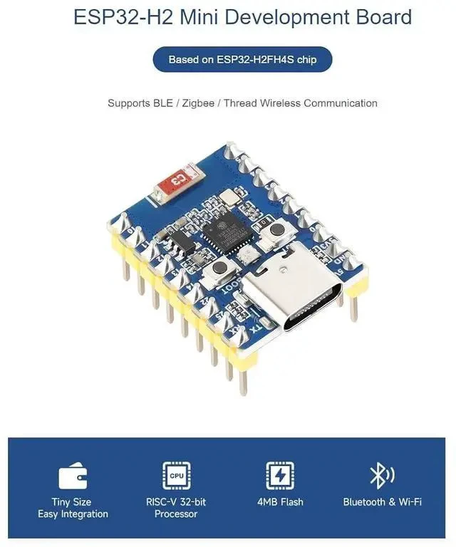 Alt view image 2 of 7 - ESP32-H2 Mini Development Board with pre-soldered Header Based on ESP32-H2FH4S chip,RISC-V 32-bit Single-core Processor,Supports BLE/Zigbee/Thread Wireless Communication,4MB Flash