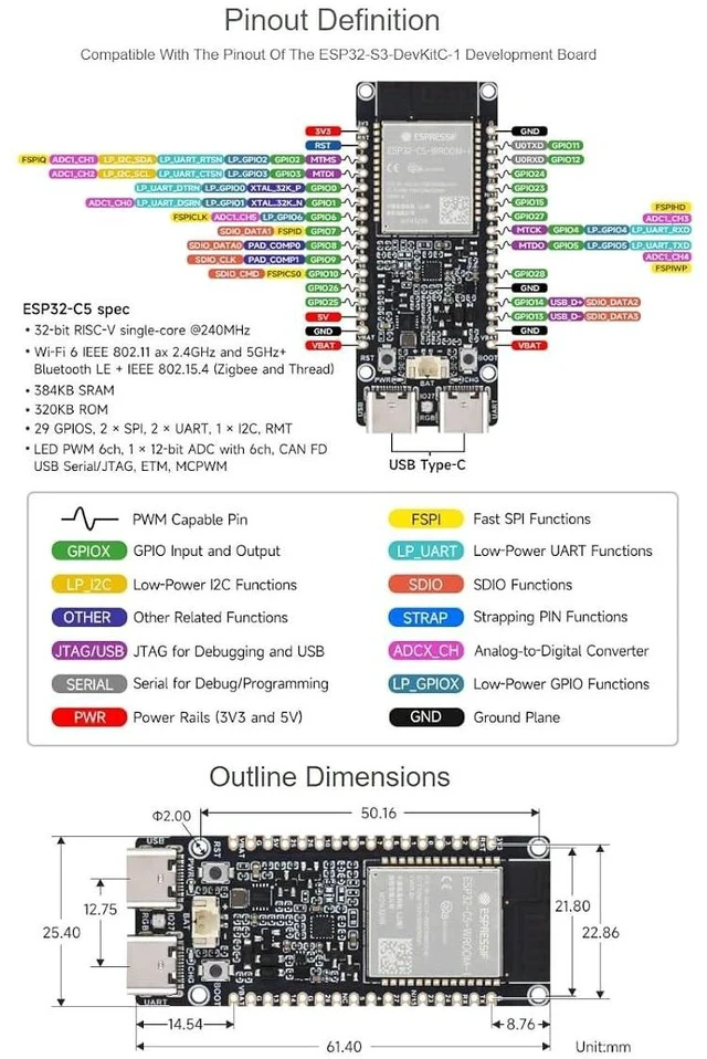 Alt view image 7 of 7 - ESP32-C5 Development Board Wi-Fi 6 Devkit Based on ESP32-C5-WROOM-1 Series Module,240MHz and 5GHz Dual-Band,Multi-Protocol RISC-V MCU32MB Flash and 8MB PSRAM,with Built-in Antenna
