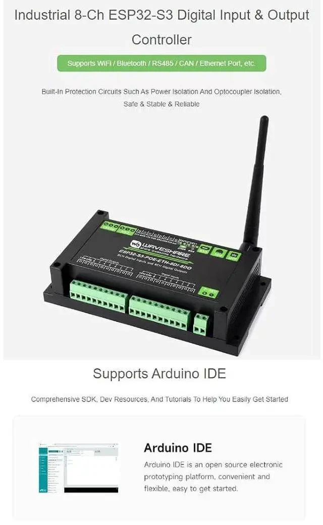 Alt view image 6 of 6 - Industrial ESP32-S3 Control Board,8-Channel Digital Input/Output Ccontroller,Based on ESP32-S3 Main Control, Supporting Wi Fi, Bluetooth, RS485, CAN and Ethernet Port