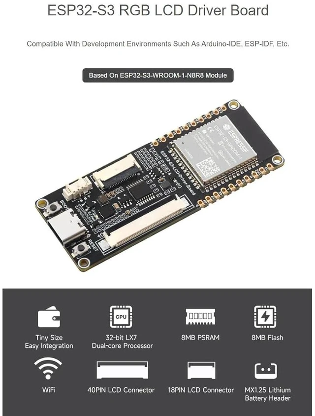 Alt view image 2 of 7 - ESP32-S3 RGB LCD Driver Board Based On ESP32-S3-WROOM-1-N8R8 Module Compatible with Multiple RGB666/565 LCD DisplaysWiFi & Bluetooth Support