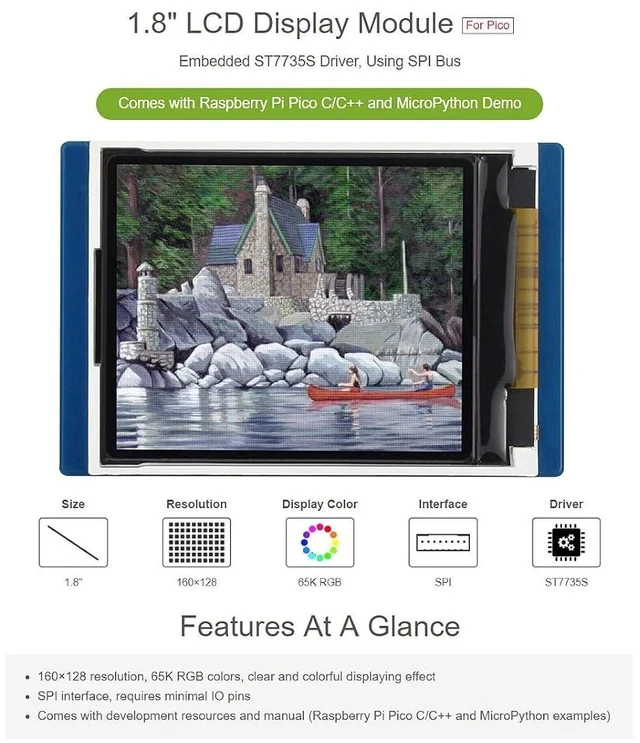 Alt view image 5 of 7 - 1.8inch LCD Display Module for Raspberry Pi Pico Microcontroller Board,160×128 Resolution 65K RGB Colors Display TFT Screen,SPI Interface