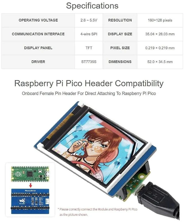 Alt view image 6 of 7 - 1.8inch LCD Display Module for Raspberry Pi Pico Microcontroller Board,160×128 Resolution 65K RGB Colors Display TFT Screen,SPI Interface