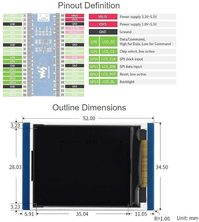 Alt view image 7 of 7 - 1.8inch LCD Display Module for Raspberry Pi Pico Microcontroller Board,160×128 Resolution 65K RGB Colors Display TFT Screen,SPI Interface