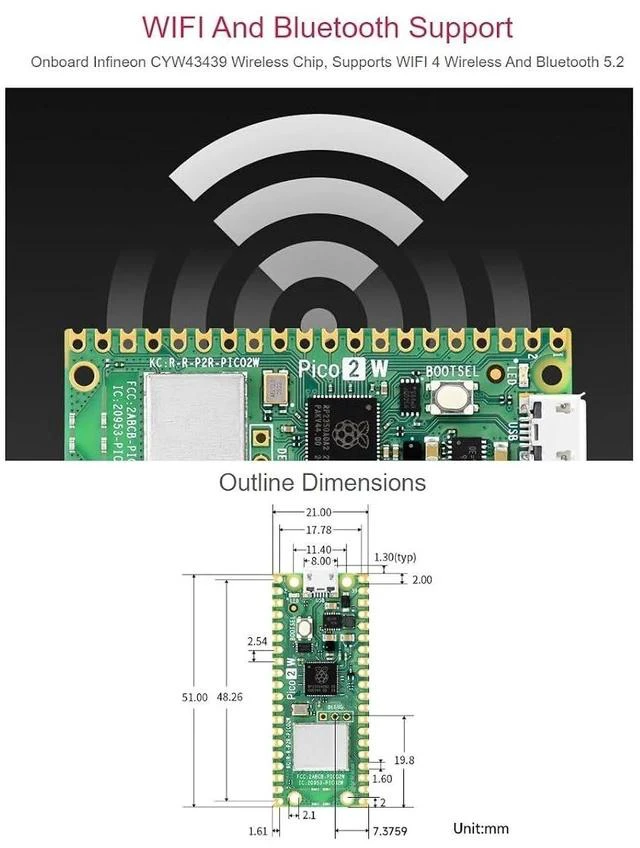Alt view image 3 of 7 - Pre-Soldered Raspberry Pi Pico 2 W Microcontroller Board with Header,Supports WiFi 4 Wireless and Bluetooth 5.2,Based On RP2350 Dual-Core Processor