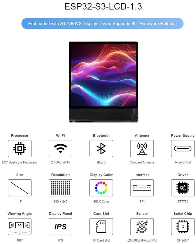 Alt view image 2 of 6 - ESP32-S3 1.3inch Display Development Board 240×240 Pixels 262K Color LCDSupports 90° Hardware Rotation,Built-in ST7789V2 Chip and 6-Axis IMU