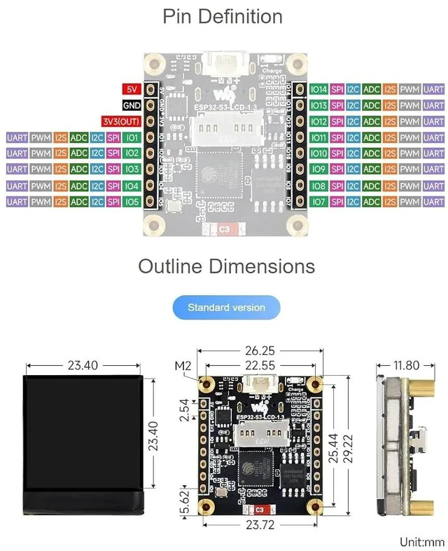 Alt view image 4 of 6 - ESP32-S3 1.3inch Display Development Board 240×240 Pixels 262K Color LCDSupports 90° Hardware Rotation,Built-in ST7789V2 Chip and 6-Axis IMU