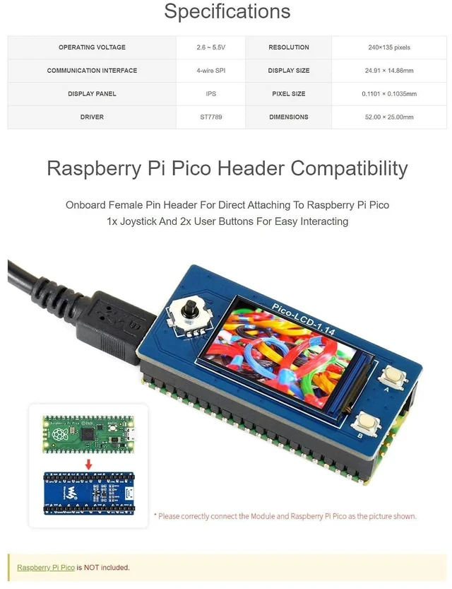 Alt view image 4 of 5 - 1.14inch LCD Display Module for Raspberry Pi Pico 65K RGB Colors 240×135 Pixels with SPI Interface Embedded ST7789 Driver Using SPI Bus IPS Screen