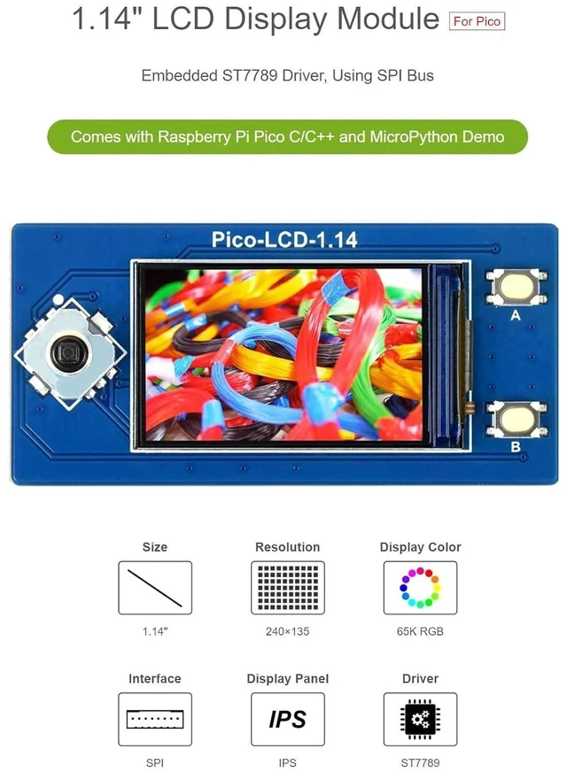 Alt view image 3 of 5 - 1.14inch LCD Display Module for Raspberry Pi Pico 65K RGB Colors 240×135 Pixels with SPI Interface Embedded ST7789 Driver Using SPI Bus IPS Screen