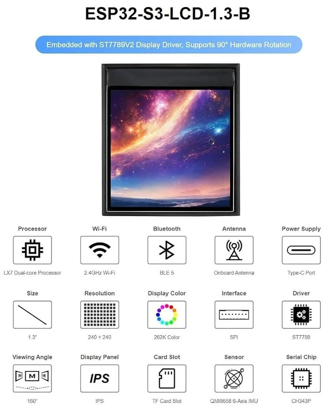 Alt view image 2 of 7 - ESP32-S3 1.3inch Display Development Board with Case 240×240 Pixels 262K Color LCDSupports 90° Hardware Rotation,Built-in ST7789V2 Chip and 6-Axis IMU