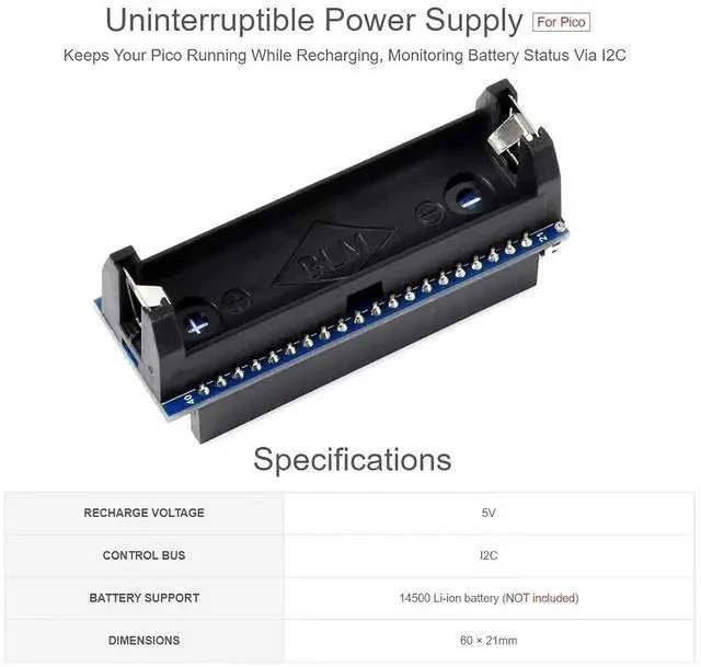 Alt view image 4 of 7 - UPS Module for Raspberry Pi Pico Board Uninterruptible Power Supply UPS HAT Power Management Expansion Board 5V,Monitoring Battery Operating Status via I2C Bus