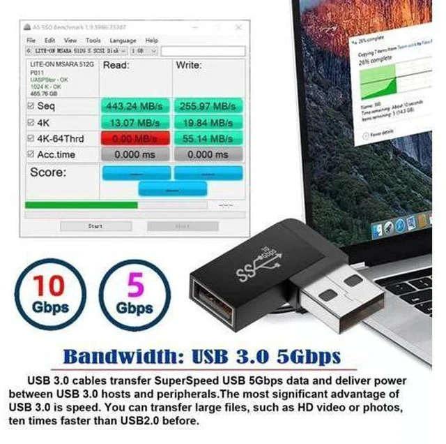 Alt view image 7 of 7 - 90 Degree Left Angled USB 3.2 Gen2 Male to Female Extension Adapter, 10Gbps SuperSpeed USB A Elbow Extender for Power, Data & Video Transmission