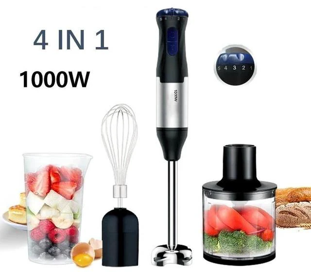 Main image of 1000W 4-in-1 Multifunctional Hand Blender & Juicer Set 4-in-1 Stick Blender with Chopper, Whisk, and Beaker for Baby Food, Meat, Fruit & Vegetable Puree, Soups, Smoothies, and Cakes