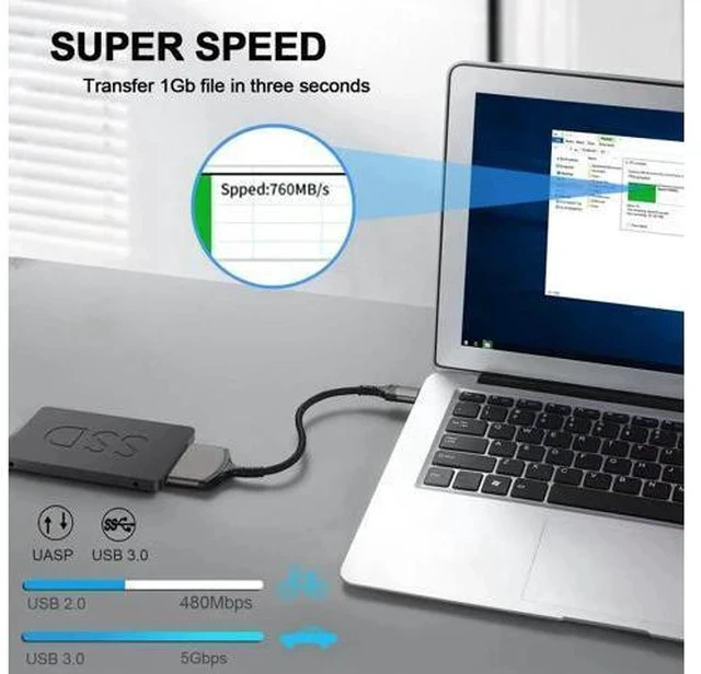 Alt view image 2 of 5 - 9 Inch USB 3.0 to SATA III Adapter Cable with Aluminum Shell & Nylon Cord, UASP Supported for 2.5" SSD/HDD