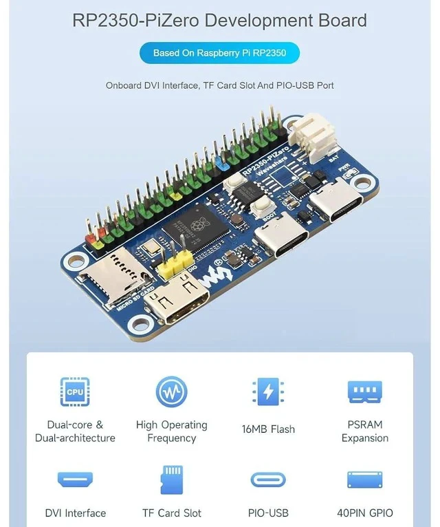 Alt view image 2 of 7 - RP2350-PiZero Development Board Based On Raspberry Pi RP2350 Microcontroller,Onboard DVI Interface, TF Card Slot and PIO-USB Port,Compatible with Raspberry Pi 40PIN GPIO Header