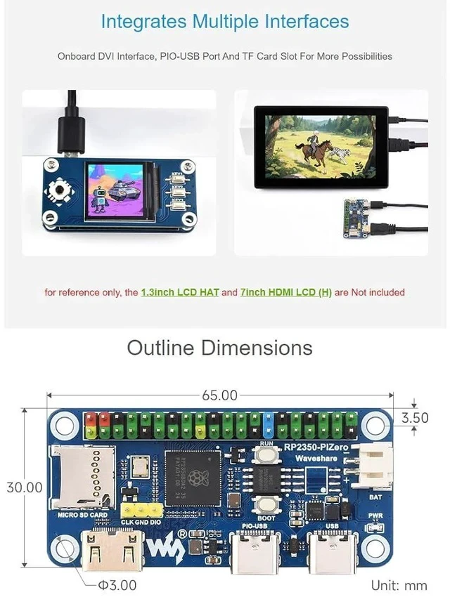Alt view image 3 of 7 - RP2350-PiZero Development Board Based On Raspberry Pi RP2350 Microcontroller,Onboard DVI Interface, TF Card Slot and PIO-USB Port,Compatible with Raspberry Pi 40PIN GPIO Header