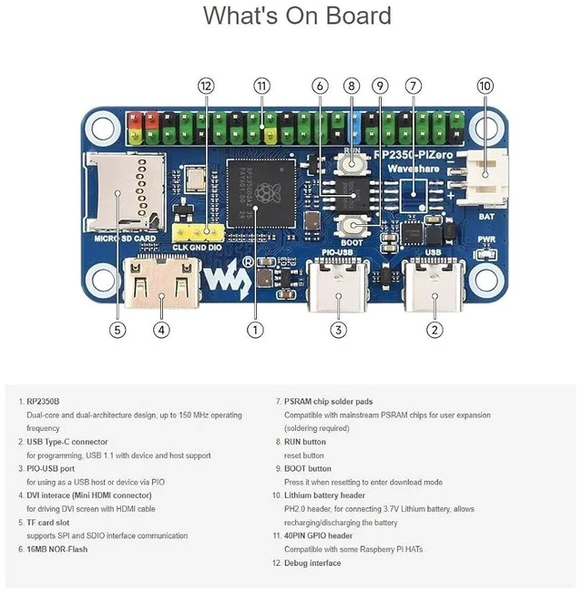 Alt view image 5 of 7 - RP2350-PiZero Development Board Based On Raspberry Pi RP2350 Microcontroller,Onboard DVI Interface, TF Card Slot and PIO-USB Port,Compatible with Raspberry Pi 40PIN GPIO Header