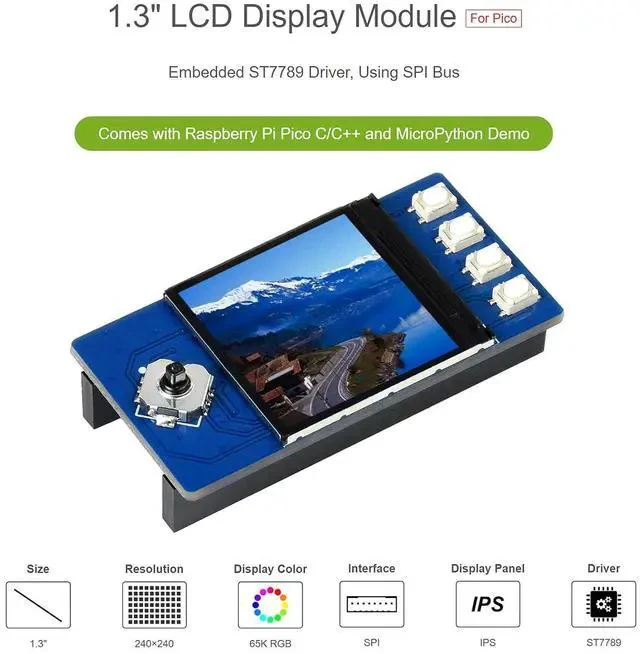 Alt view image 2 of 5 - 1.3 inch LCD Display for Raspberry Pi Pico, IPS Screen Display Module, 65K RGB Colors, 240x240 Pixels, Embedded ST7789 Driver Chip, Using SPI Bus, Compatible with Raspberry Pi Pico Header
