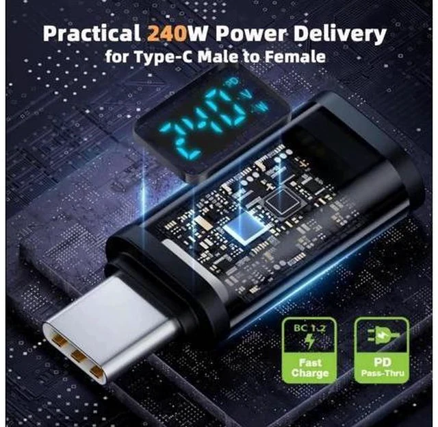 Alt view image 2 of 7 - 240W USB4 Male to Female Extension Adapter with Smart LED Display, USB4.0 40Gbps Type-C Voltage Current Power Tester Detector
