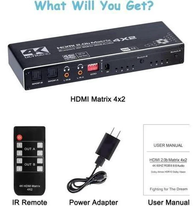 Alt view image 5 of 7 - 4x2 HDMI Matrix Switch 4 in 2 Out Model OZJ1 with IR Remote, Supports 4K, 1080P, 3D, RGB 8:8:8, Dolby Atmos, Dual SPDIF & Dual 3.5mm L/R Audio Outputs, Customizable EDID Management