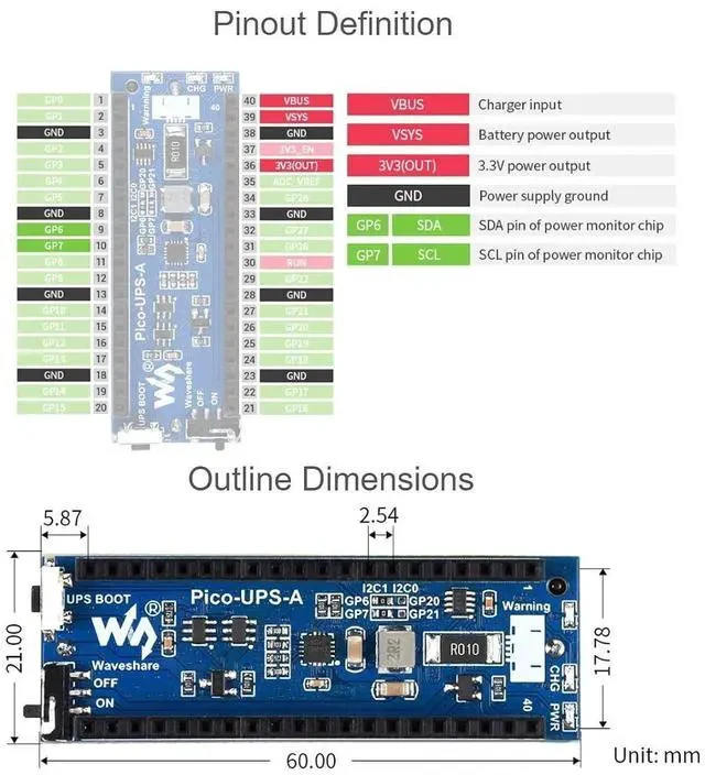 Alt view image 7 of 7 - UPS Module for Raspberry Pi Pico Board Uninterruptible Power Supply UPS HAT Power Management Expansion Board 5V,Monitoring Battery Operating Status via I2C Bus