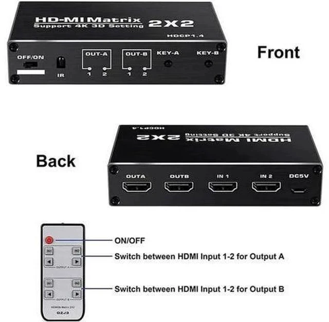 Alt view image 4 of 7 - 2x2 HDMI Matrix Switch 2 in 2 Out with IR Remote Control, HDMI 2.0b 4K@60Hz Matrix Splitter Supports HDR, HDCP1.4, 3D, 1080P, YUV 4:2:0, Model OZJ3