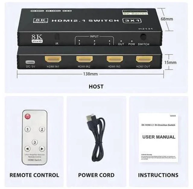 Alt view image 3 of 7 - 3 in 1 Out HDMI 2.1 Switch, 48Gbps High Speed HDMI Switcher Supports 8K@60Hz, 4K@120Hz, HDR10, CEC & Auto Switching, HDCP 2.3 for PS5, Xbox Series X/S, Nintendo Switch, PC, DVD Player, HDTV