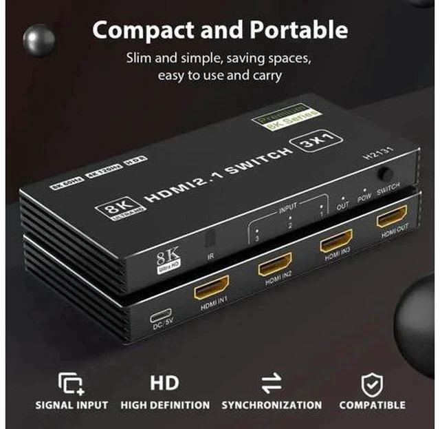 Alt view image 2 of 7 - 3 in 1 Out HDMI 2.1 Switch, 48Gbps High Speed HDMI Switcher Supports 8K@60Hz, 4K@120Hz, HDR10, CEC & Auto Switching, HDCP 2.3 for PS5, Xbox Series X/S, Nintendo Switch, PC, DVD Player, HDTV