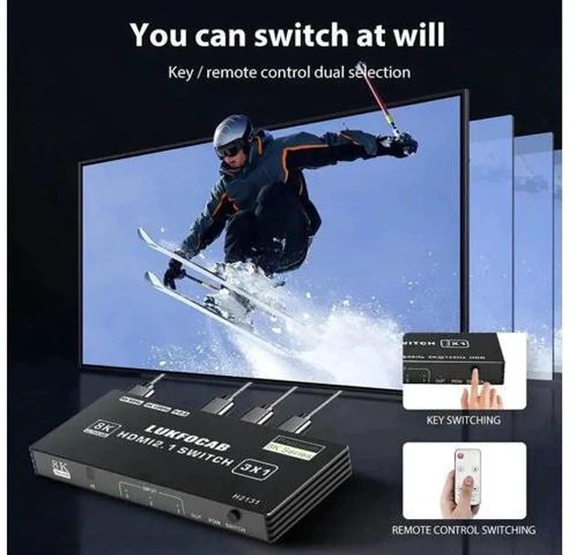 Alt view image 5 of 7 - 3 in 1 Out HDMI 2.1 Switch, 48Gbps High Speed HDMI Switcher Supports 8K@60Hz, 4K@120Hz, HDR10, CEC & Auto Switching, HDCP 2.3 for PS5, Xbox Series X/S, Nintendo Switch, PC, DVD Player, HDTV