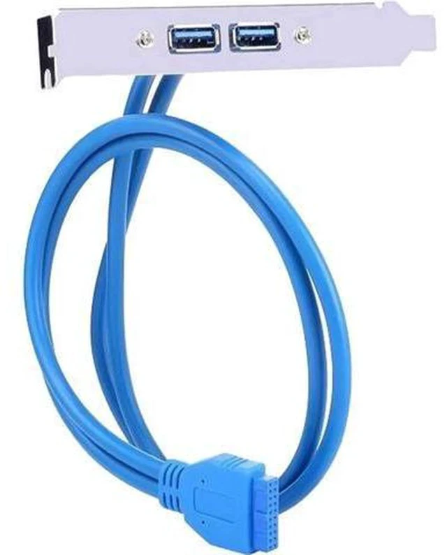 Alt view image 2 of 4 - 1.64ft Blue PCI Slot Bracket Cable, USB 3.0 20Pin Header to Dual USB-A Female Back Panel Expansion Adapter