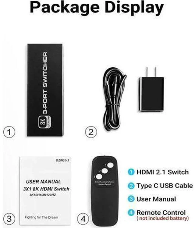 Alt view image 5 of 7 - 3 in 1 Out HDMI 2.1 Switch with IR Remote Control, 48Gbps High Speed HDMI Switcher Supports 8K@60Hz, 4K@120Hz, HDR, HDCP 2.3 for Nintendo Switch, PS4/PS5, Xbox 360/Xbox One, Fire TV Stick, PC, UHD TV