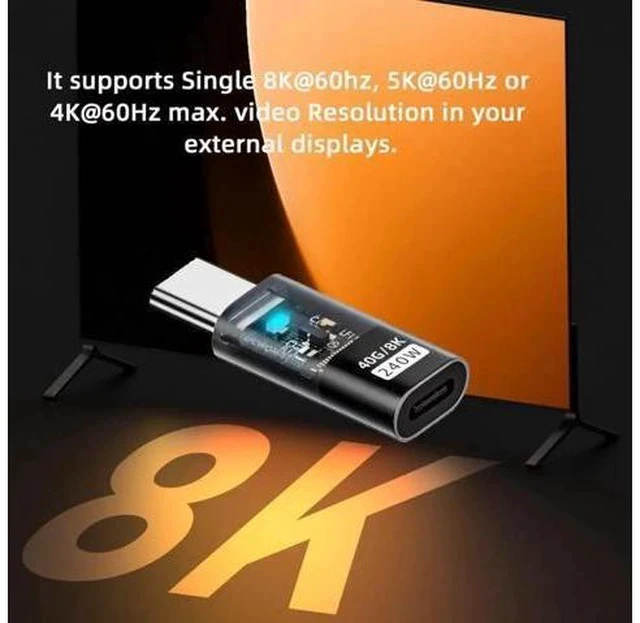 Alt view image 3 of 7 - Transparent LED USB4 Type C Male to Female Adapter, 240W 40Gbps 8K Video Extension Connector for Phone & Laptop