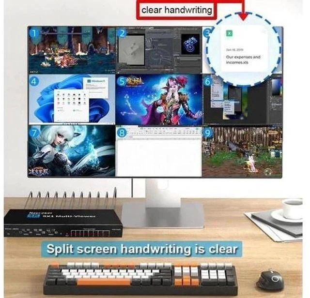 Alt view image 4 of 7 - 9x1 HDMI Multi-Viewer Seamless Switcher 9 in 1 Out with IR Remote, 10 Adjustable Viewing Modes & Independent Audio Switch Function, Supports 4K@30Hz, Screen Divider Box for Security Cameras, Game Cons