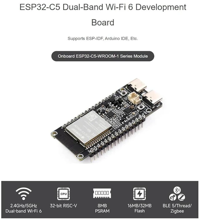 Alt view image 2 of 7 - ESP32-C5 Development Board Wi-Fi 6 Devkit with pre-soldered Header Based on ESP32-C5-WROOM-1 Series Module,240MHz and 5GHz Dual-Band,32MB Flash and 8MB PSRAM,with Built-in Antenna